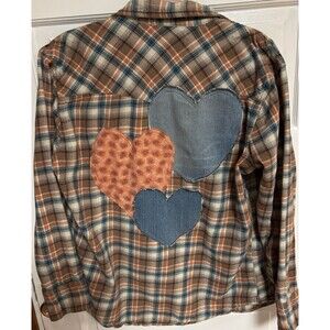Hearts Upcycled Retro Boho Wrangler Ranch Snap Flannel Shirt  Large Hippie Boho